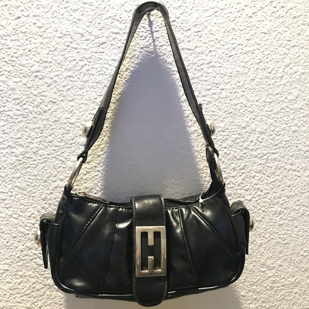 Y2K Black Leather Handbag with Silver Buckle
